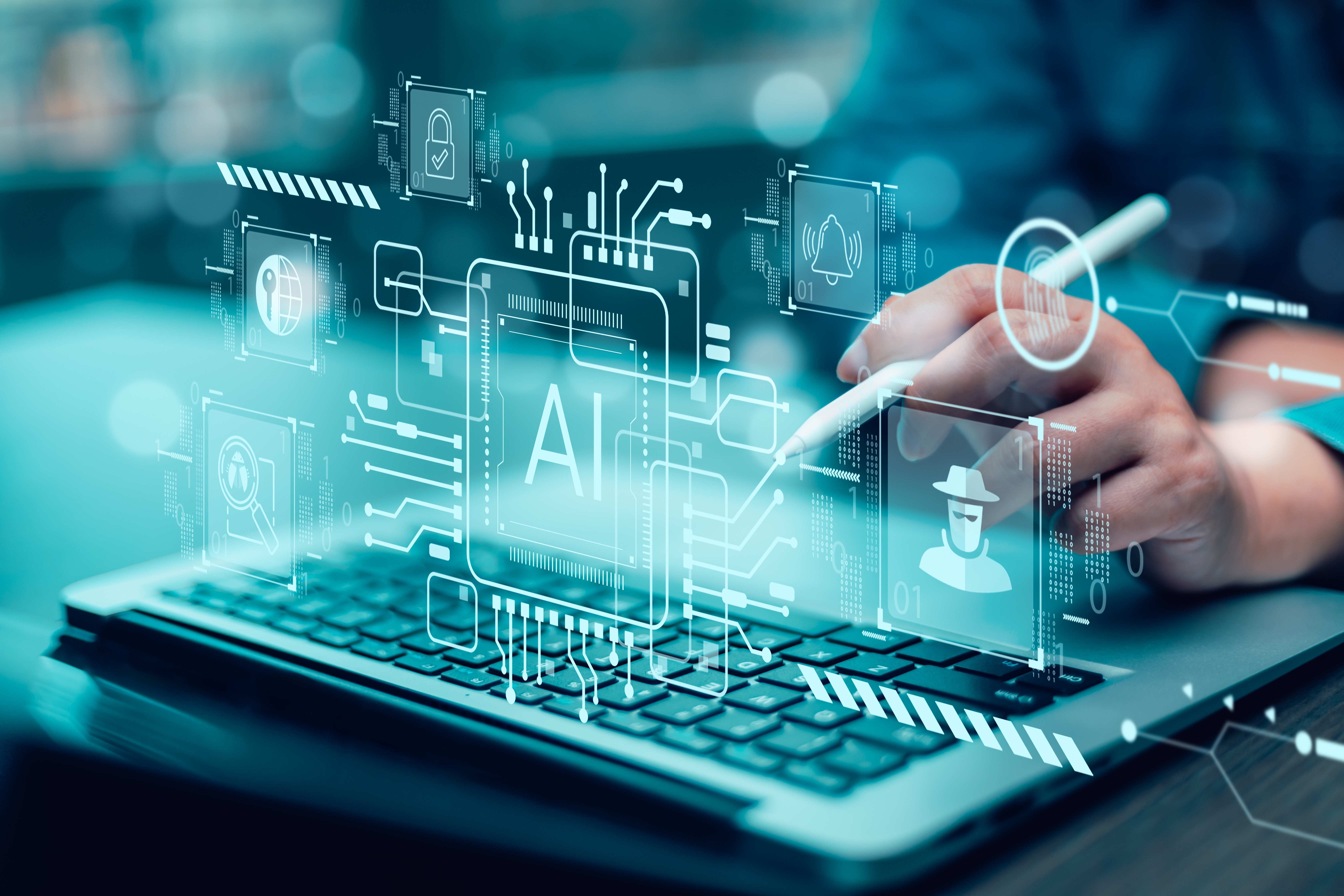 Hand using a stylus on a laptop with digital AI graphics overlay.