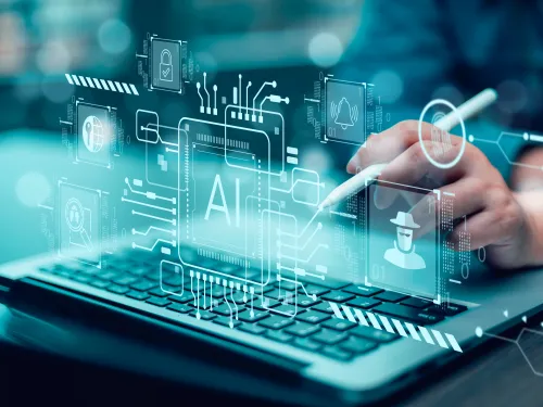 Hand using a stylus on a laptop with digital AI graphics overlay.